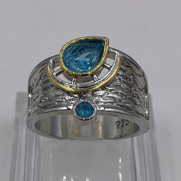 NWOT, large cigar band, 925 sterling silver, textural, gold accent, aqua… - Picture 4 of 17